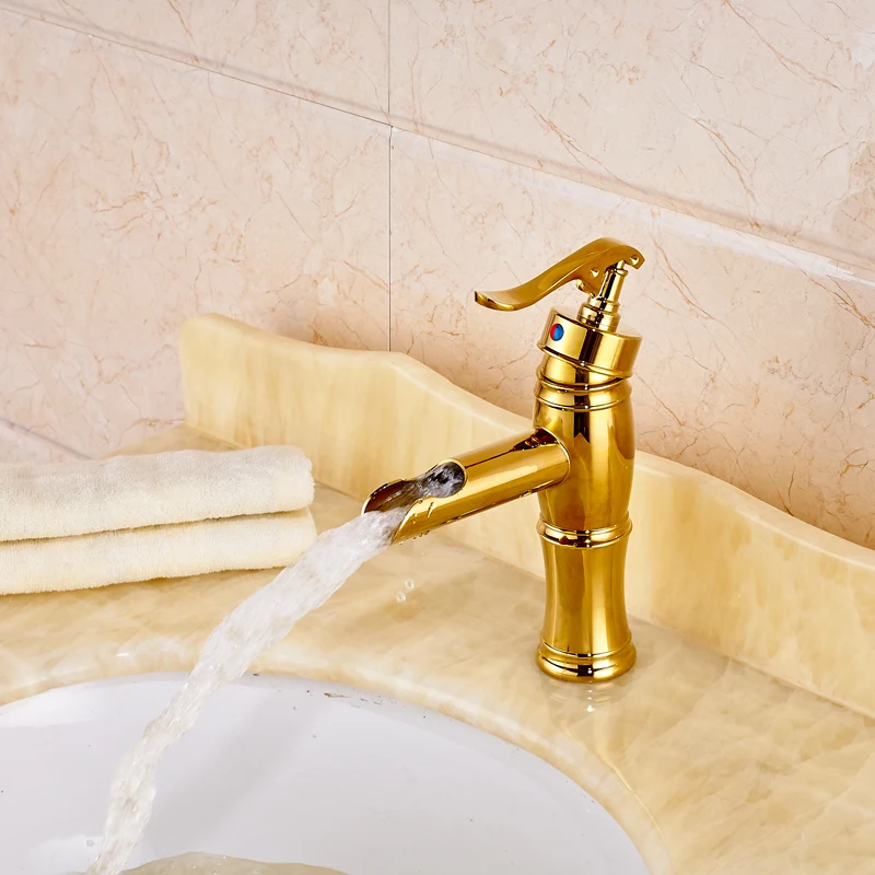 Free Shipping Bathroom Golden Basin Faucet Single Handle Brass Hot and Cold Mixer Deck Mounted