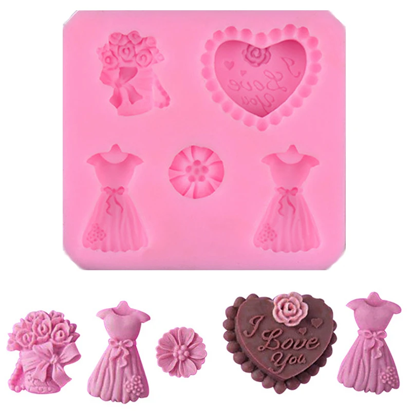 

Dress Love Flower Wedding Cake Decorating Tools DIY Baking Fondant Silicone Mold