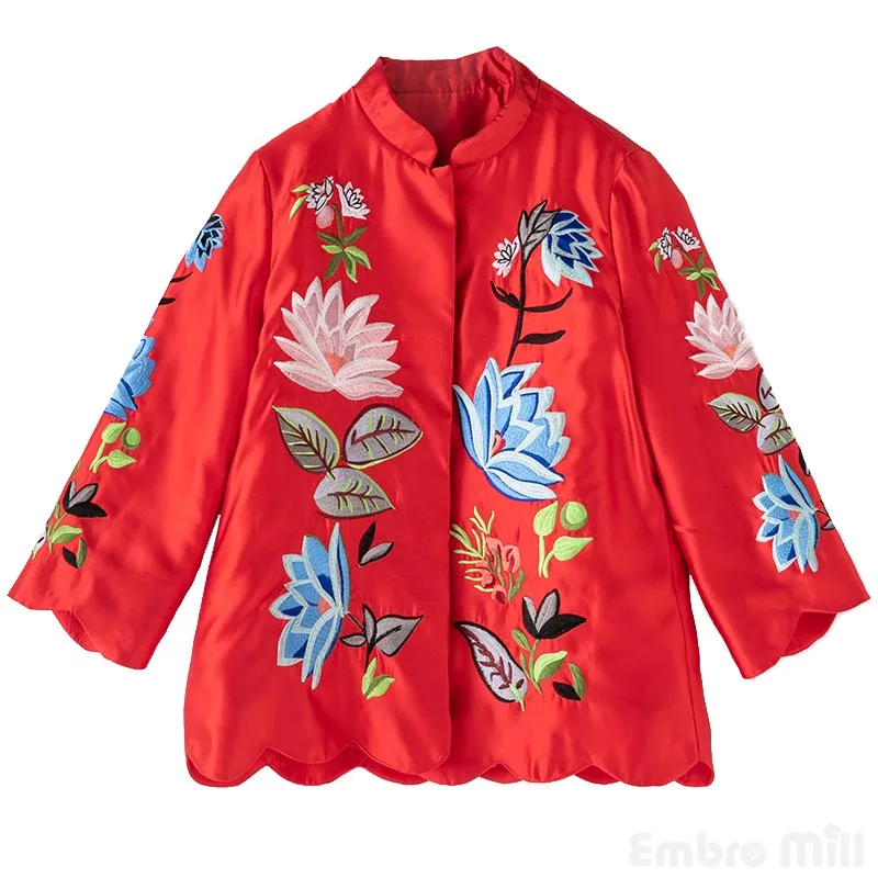 Haute Vintage Brodé Royal Automne Veste Manches Casual 3 Femmes Floral Femme fin rouge Tops xxl Baseball Lady 4 Vert S Manteau Court nBxItq8w5