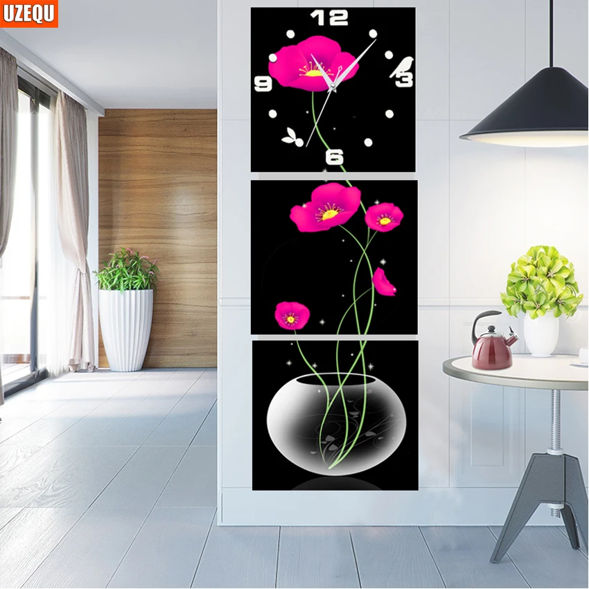 

UzeQu,Triptych,Diamond Embroidery,Flower,Wall Clock,Full,Rhinestone,5D,DIY Diamond Painting,Cross Stitch,Diamond Mosaic,Crafts