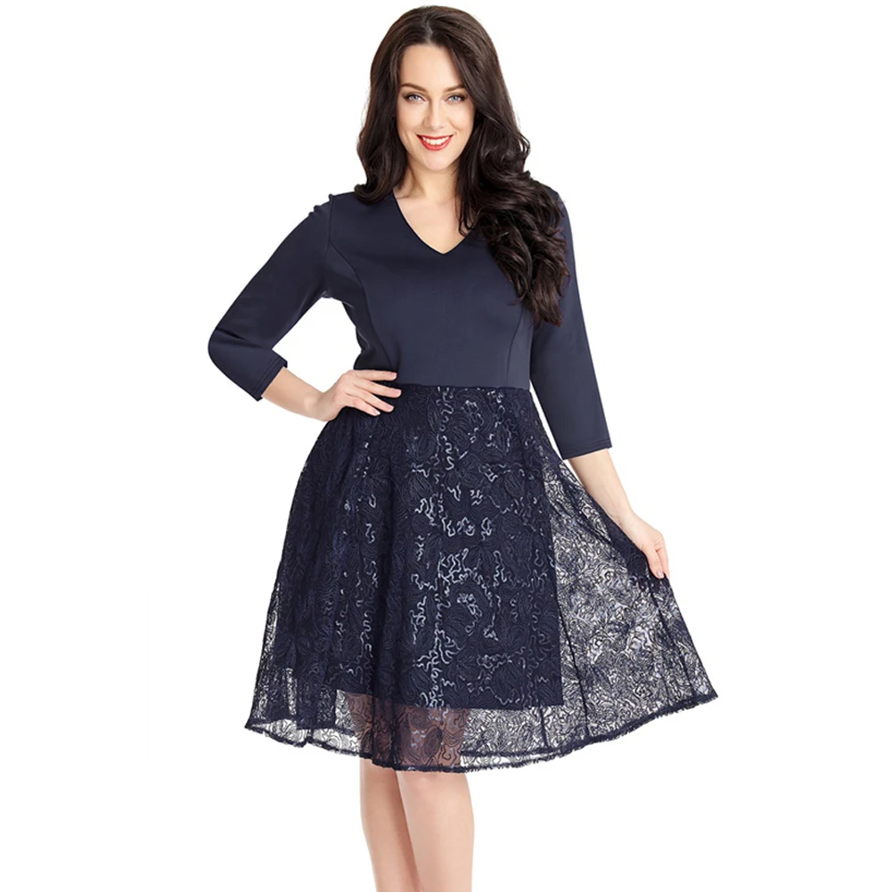 

Fashion New Dress Female Sense V-neck Seven-point Sleeves Spring High Waist Lace Stitching Large Size Dresses Female Vestidos
