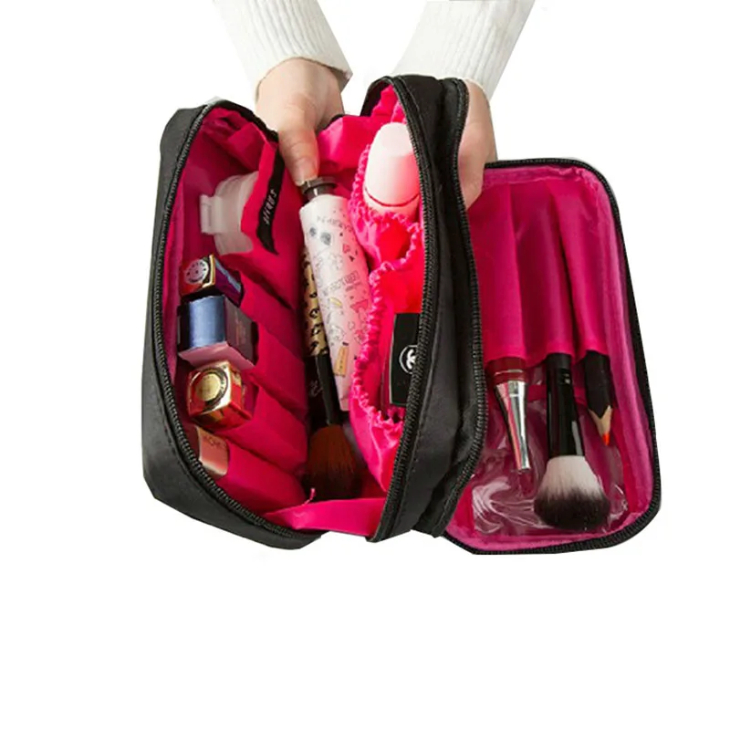 Mini Double Layer Cosmetic Bag Travel Organizer Functional Makeup Pouch Vanity Case Toiletry Brush Storage Accessories