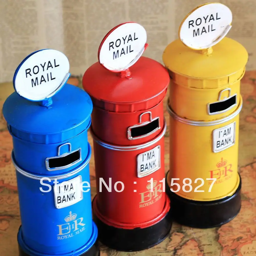 

Min order$20(mixed items) ENGLAND Style ROYAL MAIL iron Money Saving Box POSTBOX coin saver house or shop decoration