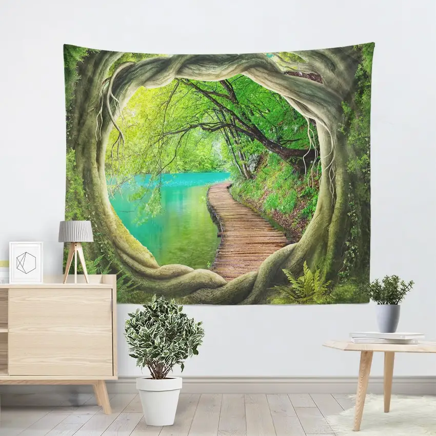 Clear River Wood Path Print Wall Tapestry Psychedelic Tree Hole Home Decor Wall Hanging for Living Room Bedroom Boho Tapestries