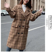 Lucyever зимняя женская Шерстяная Смесь винтажная клетчатая куртка с длинным рукавом теплая двубортная длинная куртка повседневная осенняя одежда плюс размер