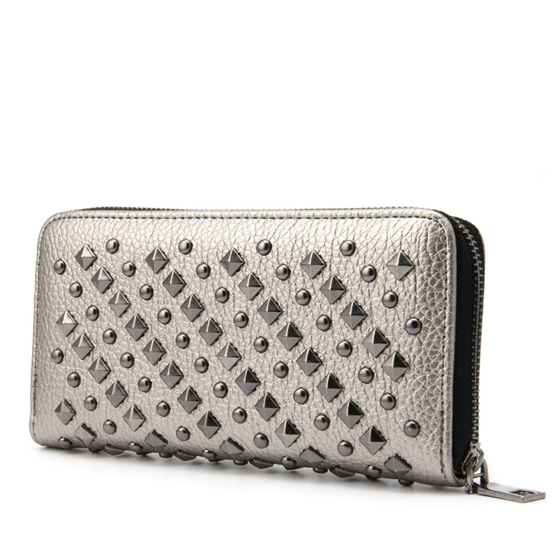 

2018 New Fashion Women Lady Punk Faux Leather Clutch Wallet Rivet Holder Mini Purse Zipper Elegant High Quality Black Silver