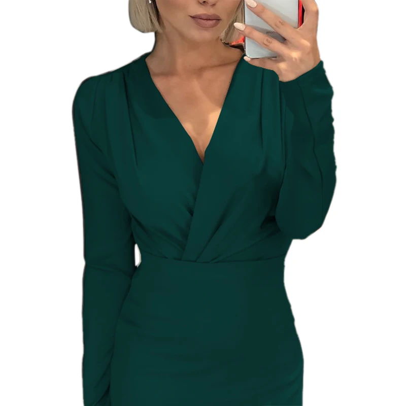 Sexy Women Dress Autumn V-Neck Slim Long Sleeve Bodycon Dress Woman Fashion Vestidos Female Lady Clubwear Evening Party Dresses