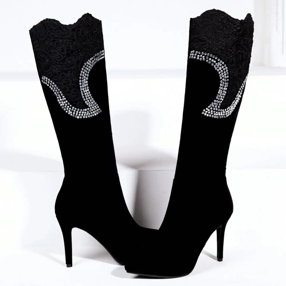 SKLFCXZY Autumn new design ladies and knee boots high heels comfortable lace water drill woman boots fashionable shoes women Women's Shoes