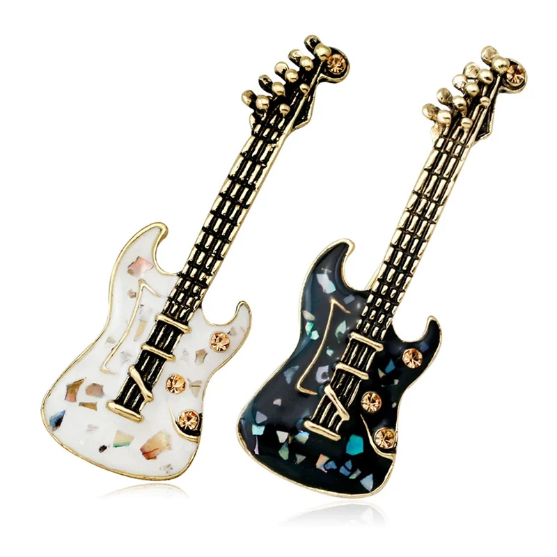

Fashion Jewelry Guitar Brooch White Black Rhinestone Shell Brooch Lady Ladies Lapel Pin Badge Party Scarf Jewelry Gifts