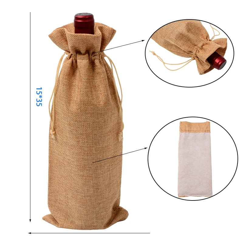 1 pc 15*35cm Rustic Jute Burlap Wine Drawstring Bags Wine Bottle Covers Reusable Bottle Wrap Gift Package Wine Bags