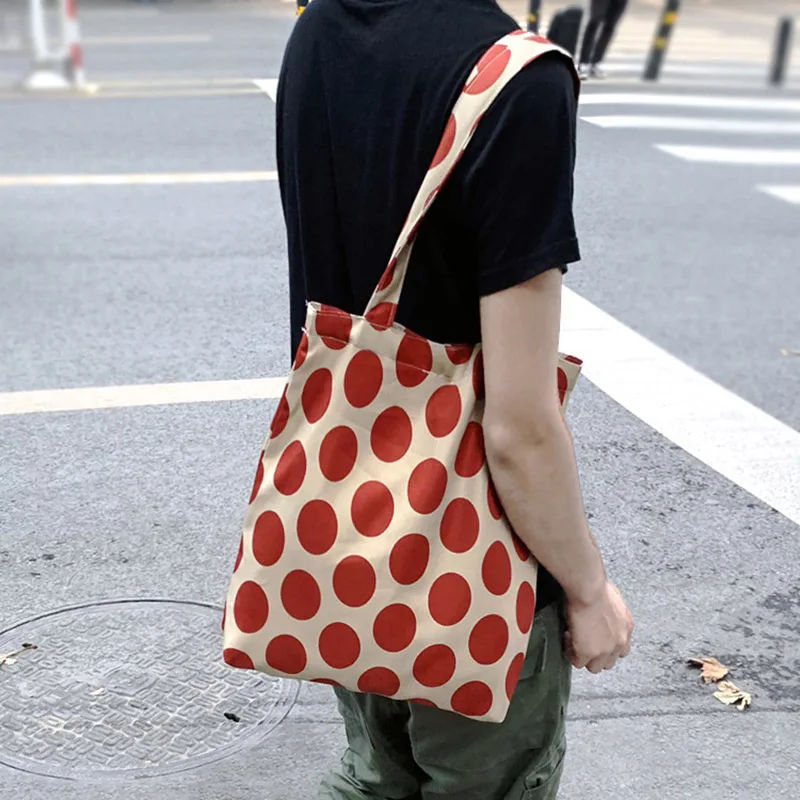 

2018 New Wave Dot Canvas Shopping Bags Red Dot Women Cloth Tote Bag Reusable Eco Shopper Bag Package bolsas de tela 8577