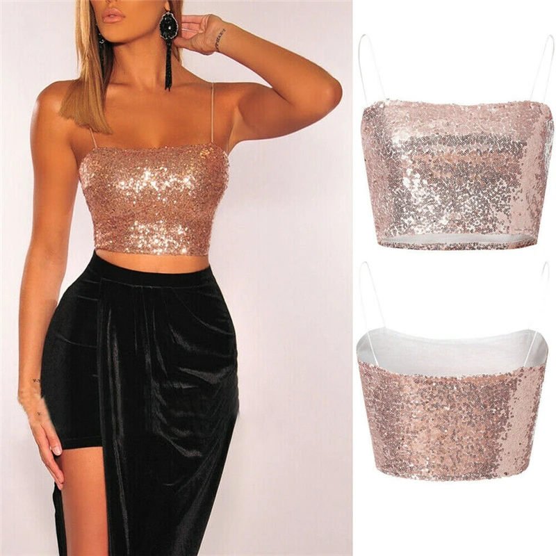 Для женщин летние топы без рукавов Sequin Crop Top трубки топ, жилет футболка женская комбинация рубашка Для женщин футболки повседневные женские Топы Женская футболка