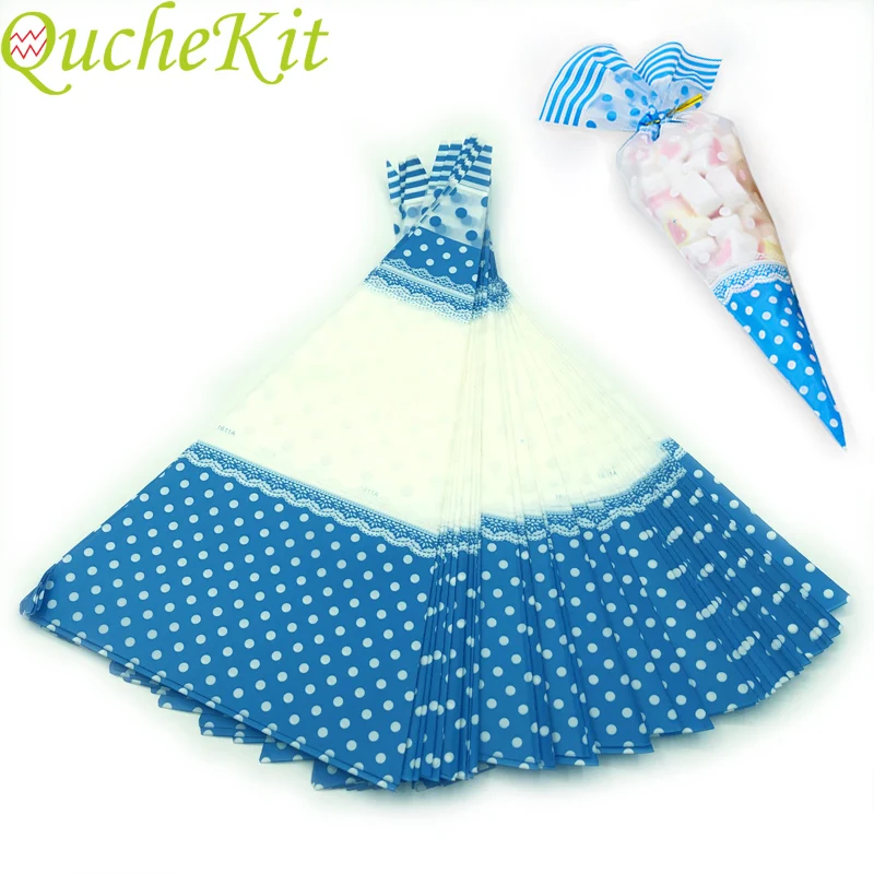 

50pcs Blue Dots Cellophane Bags Clear Plastic Candy Gift Bag Triangular Cone-Shaped Treat Popcorn Sugar Bags With Twist Ties