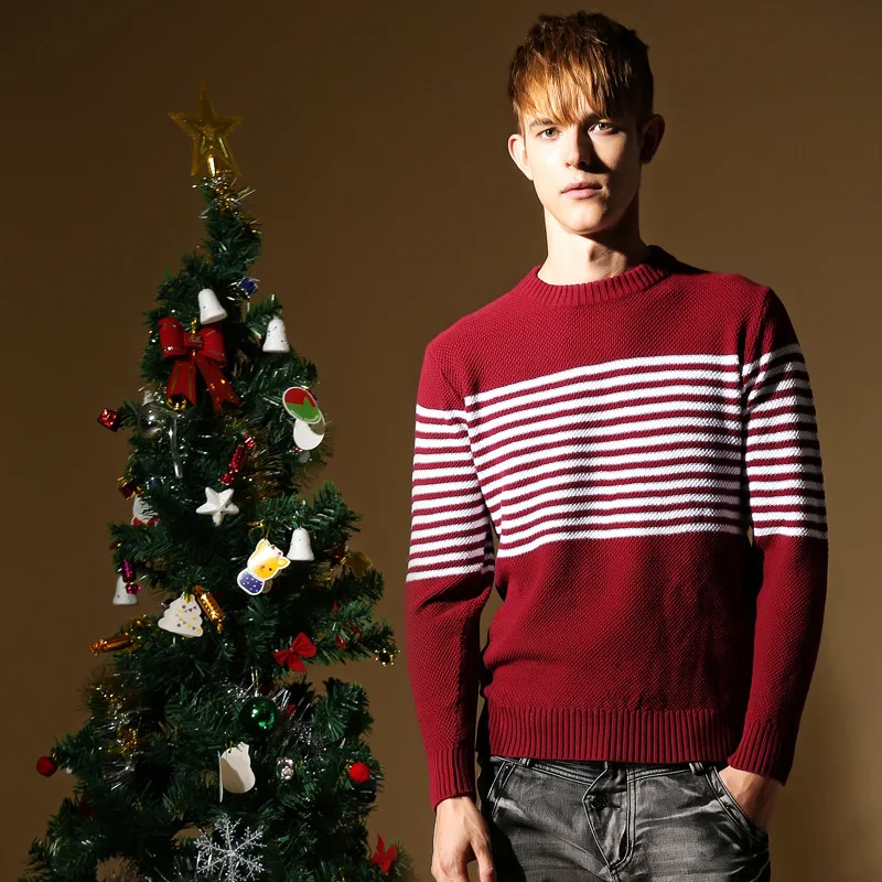 2017 winter Men cotton striped o neck knitted font b sweaters b font red Christmas pullover