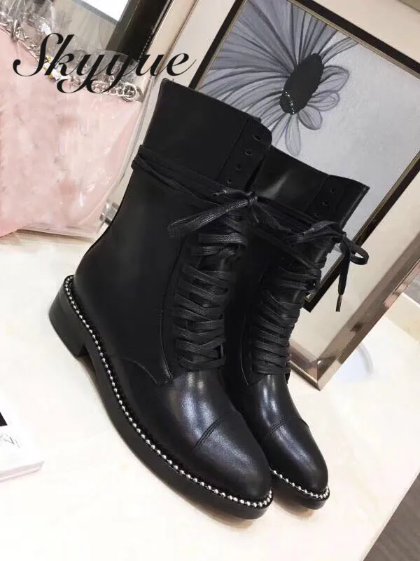 

SKYYUE Genuine Leather Gladiator Lace Up Women Boots Round Toe Metal Deco Punk Boots Brand Winter Ankle Boots Shoes Women