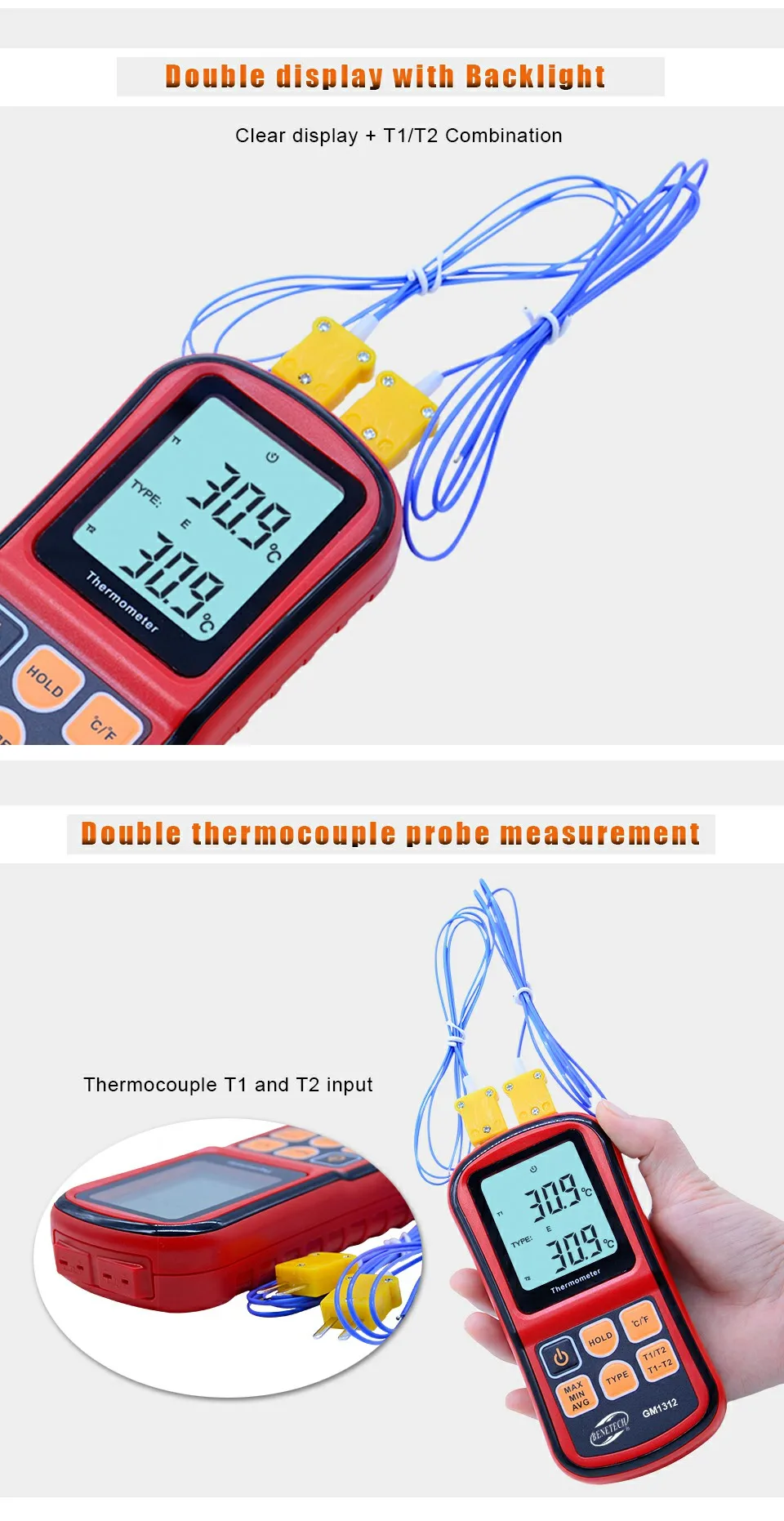 BENETECH GM1312-50~ 300C термопара термометр двухканальный цифровой измеритель температуры для K/J/T/E/R/S/N lcd Termometro