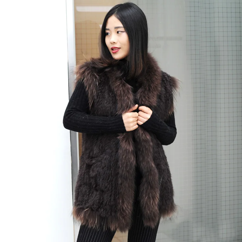 

CX-G-B-71 High Quality Genuine Knit Rabbit Fur Vest With Raccoon Fur Trim
