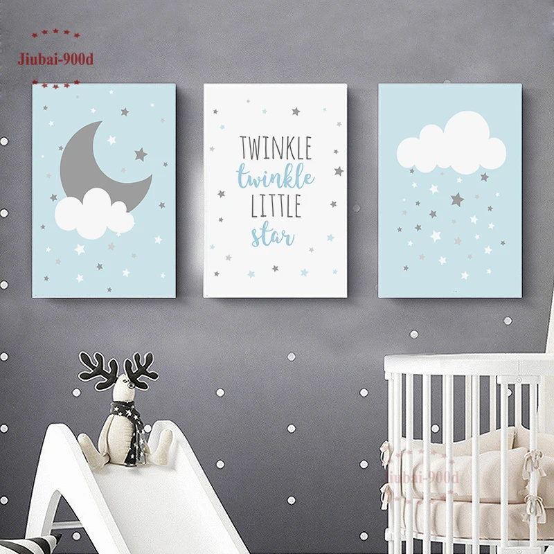 Nursery Baby Room Wall Decoration Cartoon Cloud Moon Posters Canvas  Painting Pictures Blue Wall Art Posters and Prints NUR41