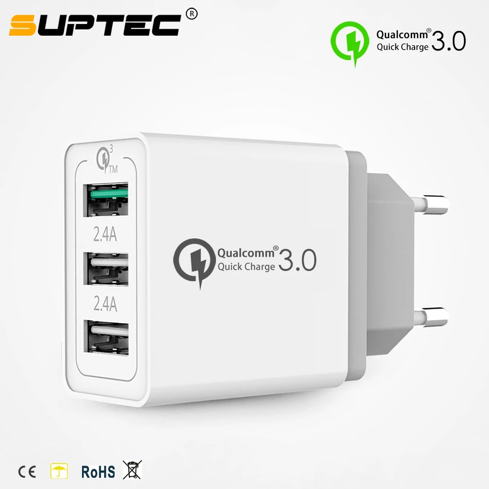 

SUPTEC 3 Port Quick Charge QC 3.0 USB Wall Travel Charger for iPhone X 8 7 iPad Samsung S9 Huawei EU/US/UK Fast Charging Charger