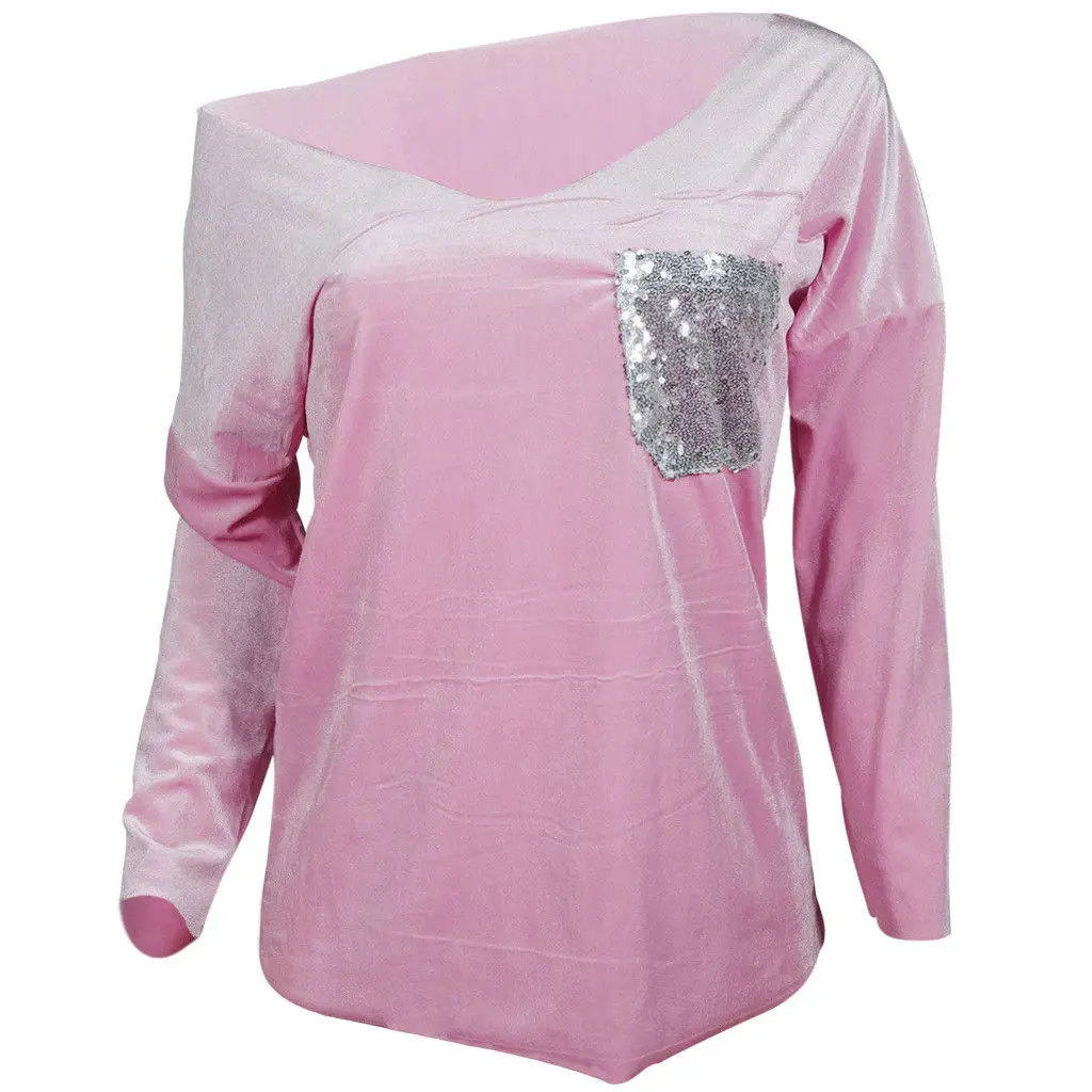 New 2017 Stylish Womens Velvet Long Sleeve T-Shirt Sequins Pocket Loose Irregular Hot Tops T Shirt | Женская одежда