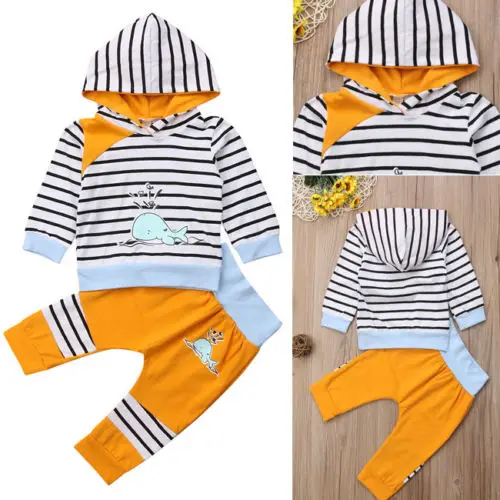 Милый хлопковый полосатый свитер с капюшоном и длинными рукавами для маленьких мальчиков и девочек, 2 предмета топ с дельфинами+ штаны, комплект одежды