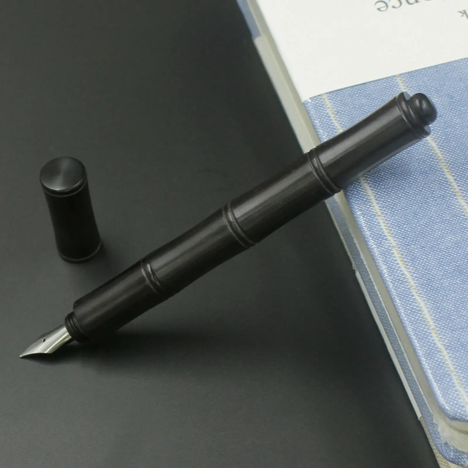 

1Pc Black Wooden Bamboo Style Fountain Pen, Converter Pen F Nib Screw Cap