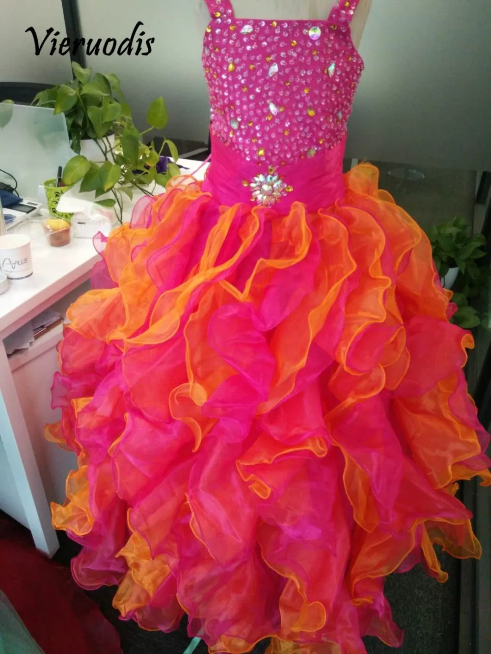 

3840 3840 Lovely pink+orange kids party dress for girls beaded ball gown pageant long dress in stock