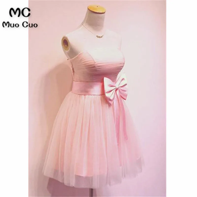 Симпатичные 2018 линии без бретелек Homecoming платье Короткое с бантом Pleat Тюль Коктейльное праздничное платье Короткое платье homecoming