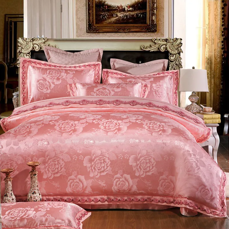 White Silver Color Jacquard Luxury Bedding sets 4/6 Pcs Queen/King size lace cotton Stain Bed set Bed linen Duvet cover pillow 114