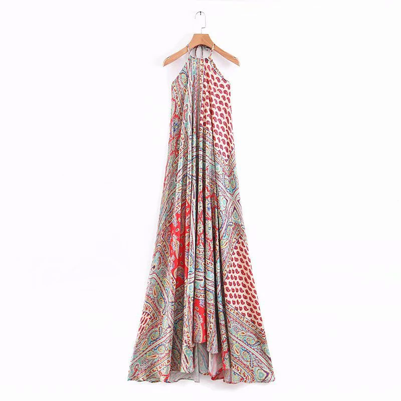 

RR Pattern Printed Ankle Length Dresses Womens Sexy Backless Spaghetti Straps Halter Boho Style Female Straight Dresses Vestidos