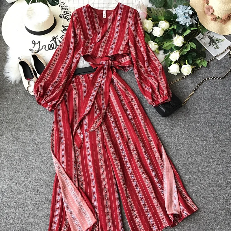 Случайный женский костюм рубашка + широкие брюки летний брючный Boho пляжный топ