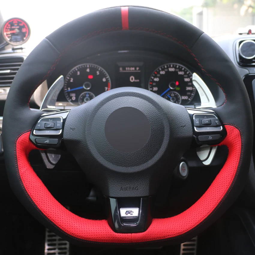 CarSteering Wheel Cover Black Suede Black Red Leather for Volkswagen Golf 6 GTI MK6 VW Polo GTI