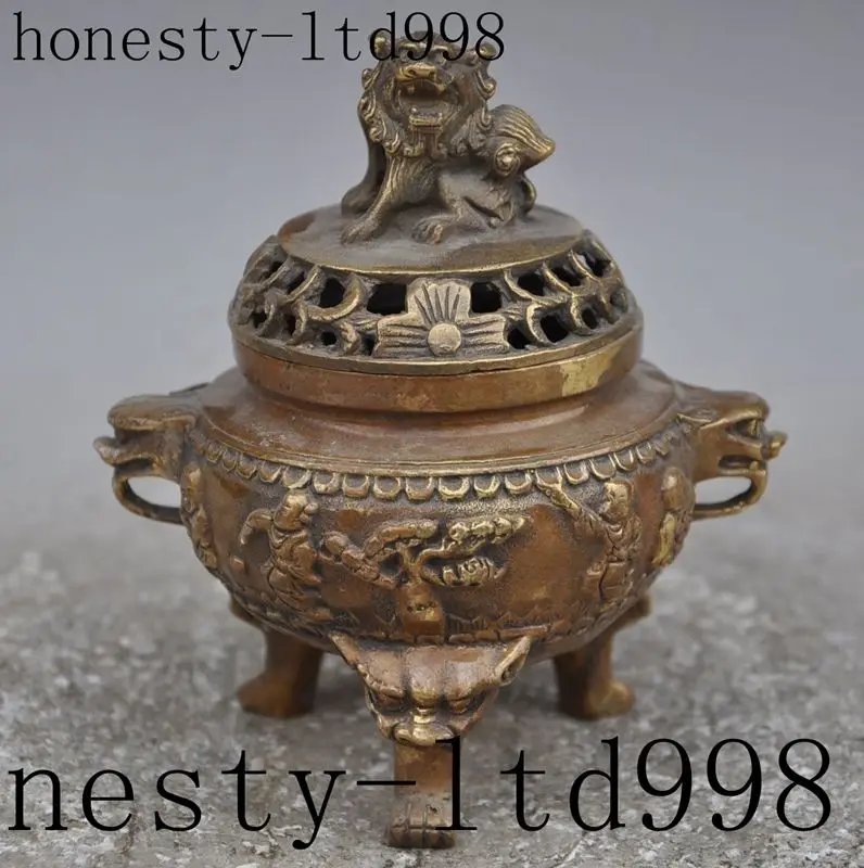 

5" china buddhism bronze Boy Lad foo dog lion beast incense burner Censer statue