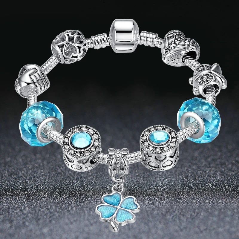 ELESHE Christmas Gift Blue Murano Glass Beads Crystal Clover Charm Bracelet Fit European Bracelet for Women Friendship Jewelry