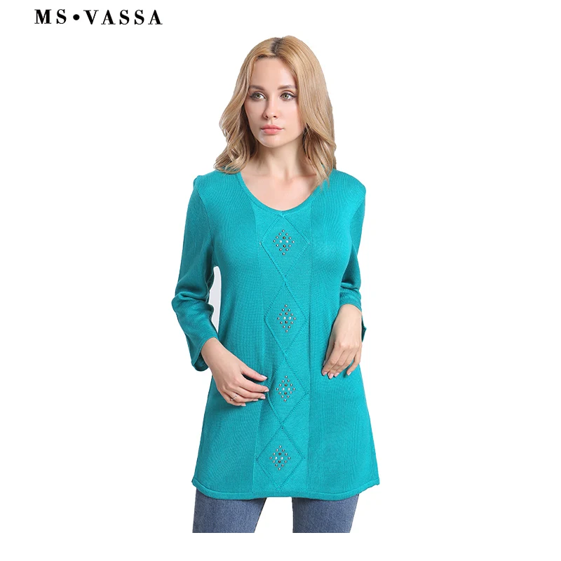 

MS VASSA 2018 New Casual Spring Women Long Sweaters Solid O-Neck Ladies Jumpers Long Sleeve Pullovers