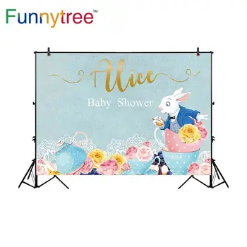 

Funnytree photophone photographic alice in woderland cartoon rabbit gentleman cup pocket watch baby shower backdrop backgrounds