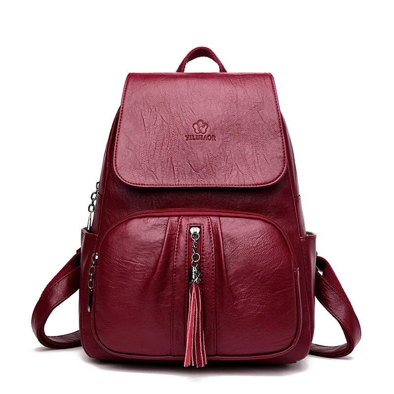 Роскошный женский кожаный рюкзак с кисточками, Модный женский рюкзак для путешествий, Mochilas Mujer, школьные рюкзаки для девочек, сумка для книг с защитой от кражи - Цвет: Red