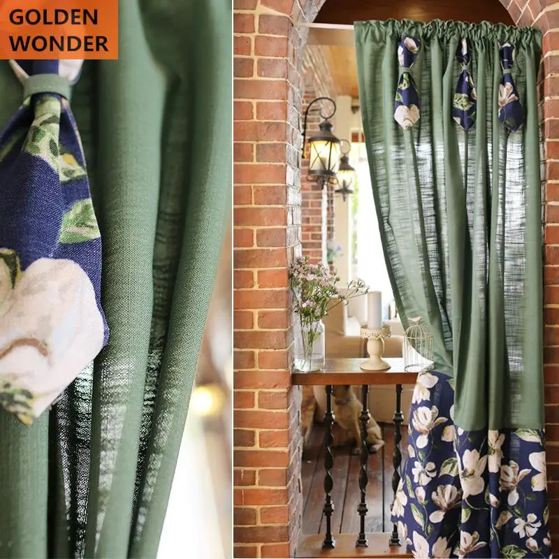 

American Retro Linen Cotton Flower Short Curtains Door Curtain Beautiful Green Color Coffee Curtain Home Decor