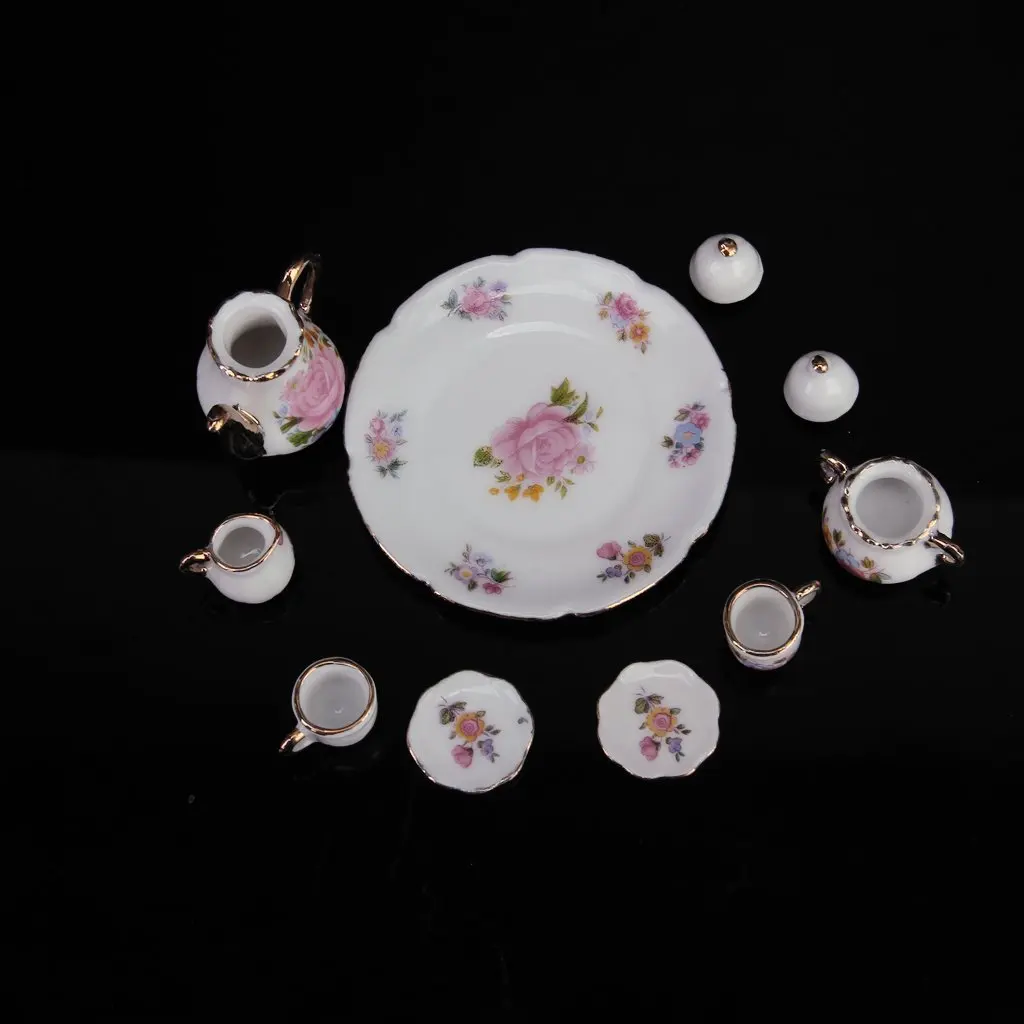 

8pcs 1/6 Dollhouse Miniature Dining Ware Porcelain Dish/Cup/Plate Tea Set---Pink Rose