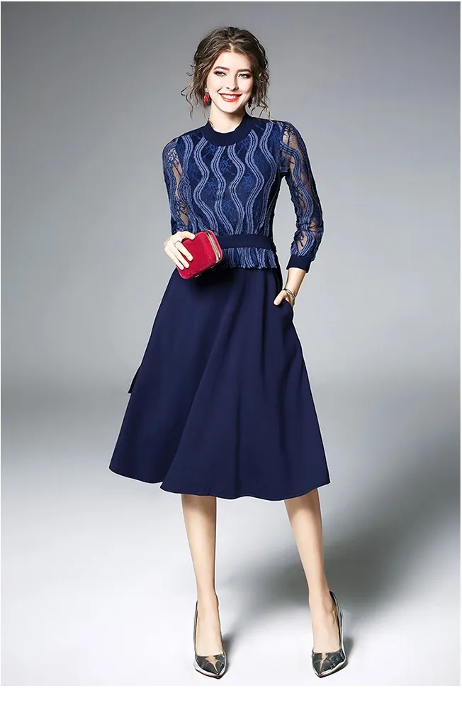 2018 Hot selling quality navy blue dresses women's casual spring