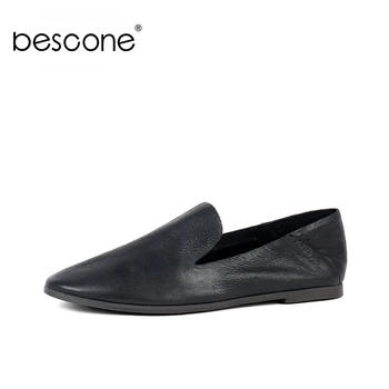 

BESCONE New Shallow Women Flats Fashion Comfortable Round Toe Shoes Casual Basic Black Genuine Leather Slip-On Ladies Flats BY21