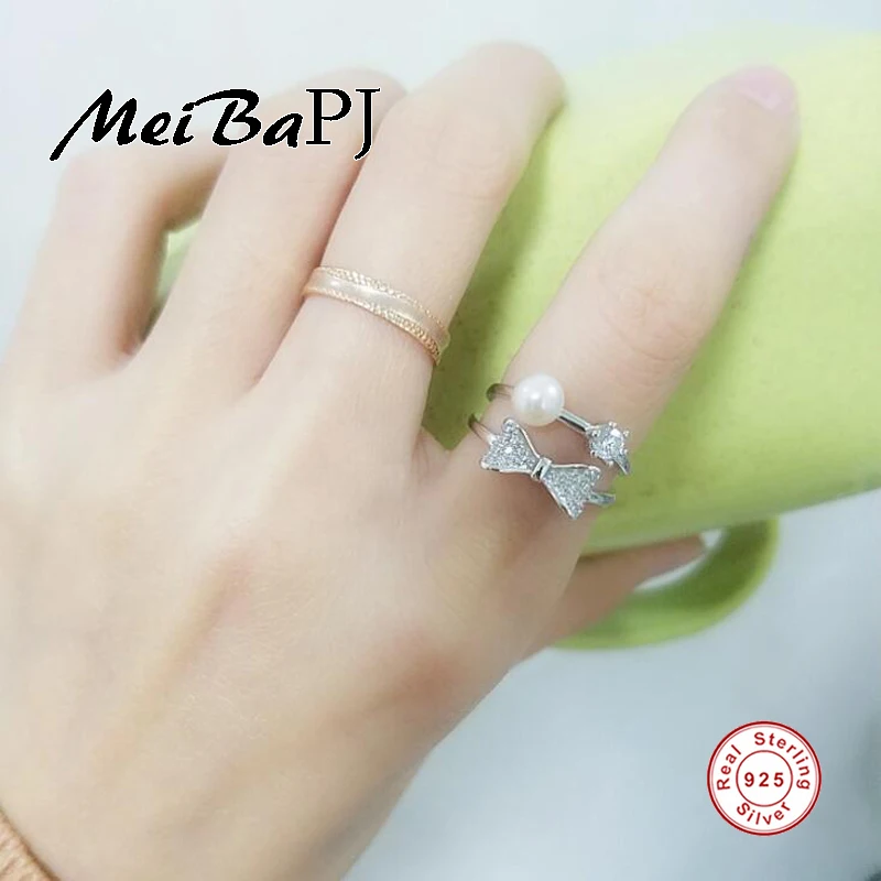 

[MeiBaPJ]Brwkont High Quality AAA Zircon Ring Natural Freshwater Pearl Jewelry 925 Sterling Silver Adjustable ring for women