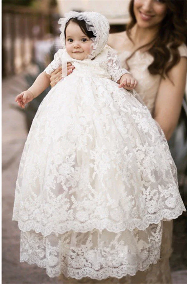 Vintage 2017 Lace baby girls Christening gowns baptism birthday dresses for girl boys toddlers outfit half sleeves D40