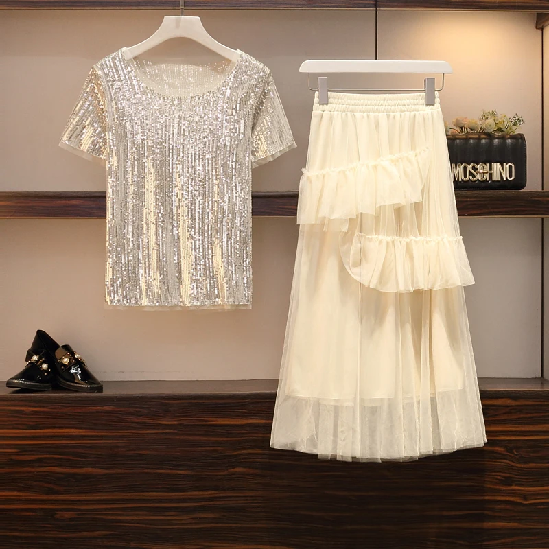 

2019 Summer Fashion Women Elegant Casual Two-Piece Suit Set Female Sequin Top & Pleated Mesh Skirt Sets Party Prom Skirt Suit