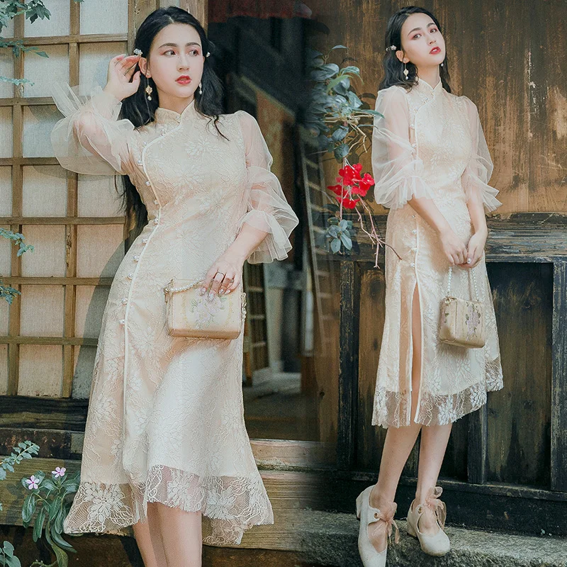 

2019 new fashion women's dresses Elegant Lace Chinese Style Retro Folk Cheongsam Long Sleeve Dress