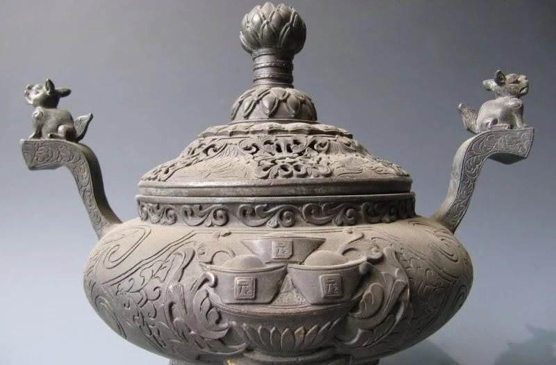 

10"Tibet Buddhism 100% Pure bronze Copper money beast incense burner censer
