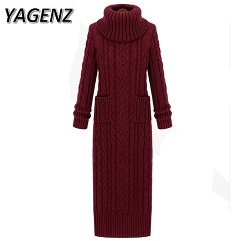 

YAGENZ New Winter Turtleneck Knitted Sweater Lady Dresses Elegant Slim Solid Thick Pullover Sweater Dress Pocket Casual Clothing