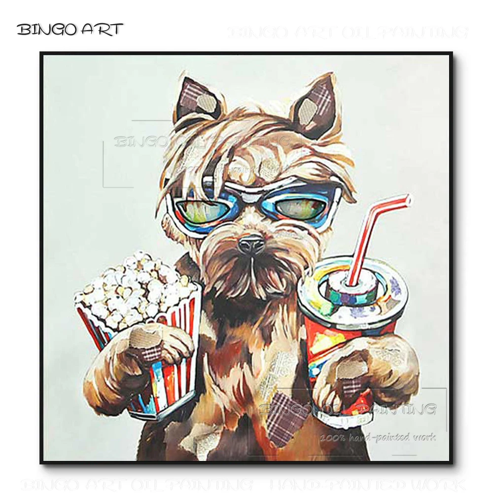 新塗装手描き犬コーラとポップコーン油絵キャンバスおかしいデザイン犬の油絵壁の芸術の装飾 絵画 書道 Aliexpress