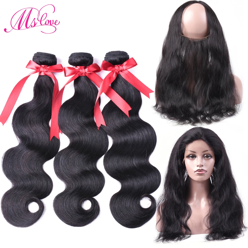 Ms Love Pre Plucked 360 Lace Frontal with Bundle Body Wave Brazilian Human Hair Weave 3 Bundles with Frontal Closure Non-remy