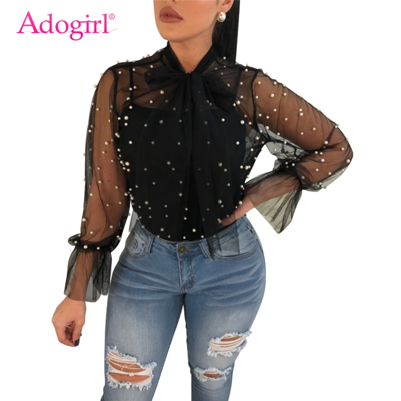 

Adogirl 2018 New Sheer Mesh Pearls Women Blouses Lace Up Bow Collar Lantern Long Sleeve Casual Tops Ladies Shirt Clubwear Blusas